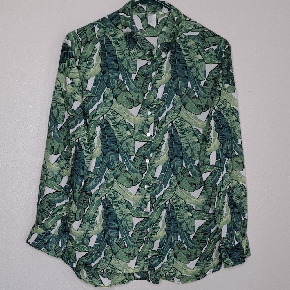 H&M Shirt Women Sz 4 Green Leaf Print Button Up Long Sleeve Tropical  (Altered)
